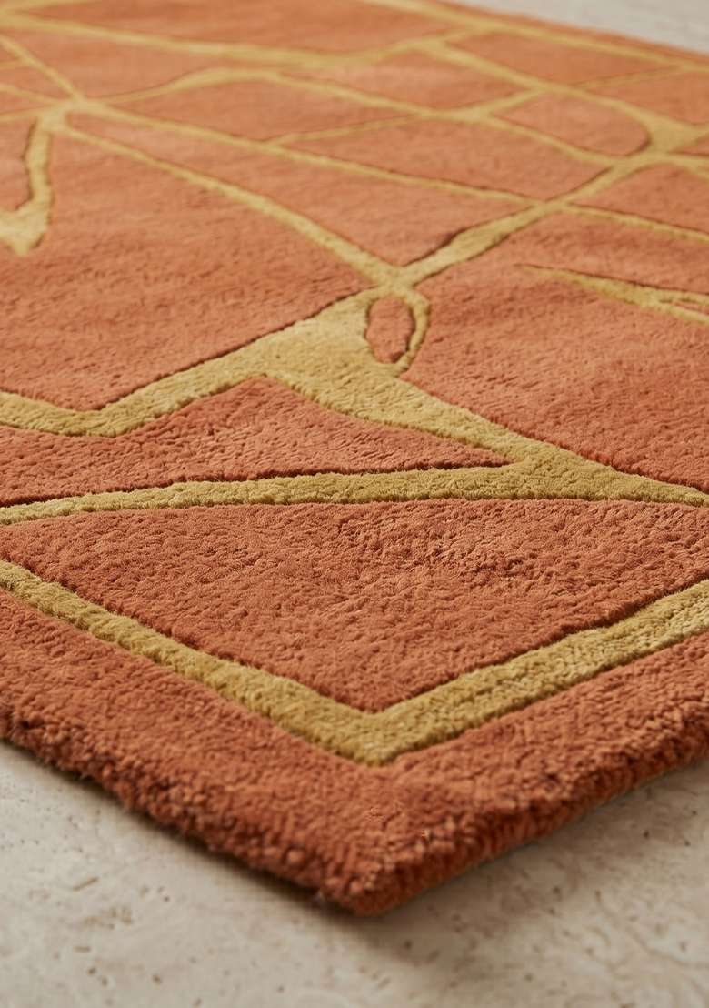100% Wool Handmade Burnt Orange Rug | Contemporary Geometric Carpet With Cotton Backing For Living Room - Indya