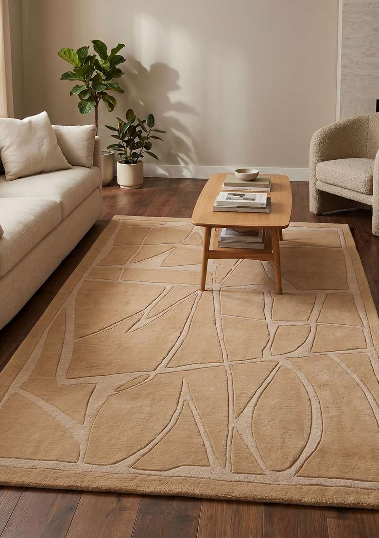 Saffron Rugs Camel Tan Contemporary Geometric Hand Tufted Wool Rectangular Rug - Indya