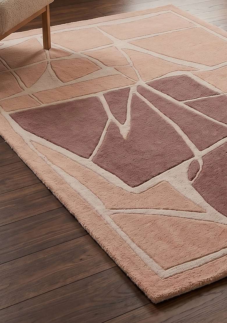 100% Wool Handmade Blush Pink Rug | Contemporary Geometric Carpet With Cotton Backing For Living Room - Indya
