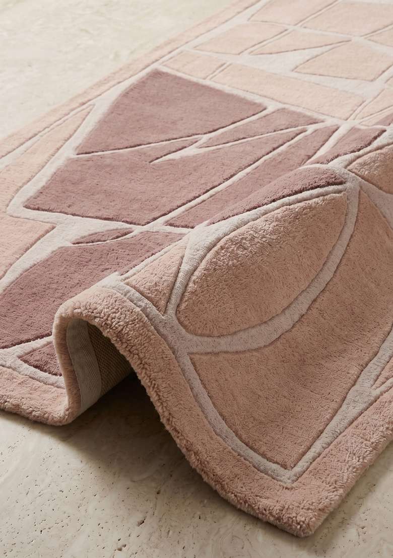 100% Wool Handmade Blush Pink Rug | Contemporary Geometric Carpet With Cotton Backing For Living Room - Indya