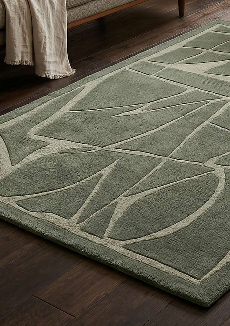 Saffron Rugs Sage Green Contemporary Geometric Hand Tufted Wool Rectangular Rug - Indya