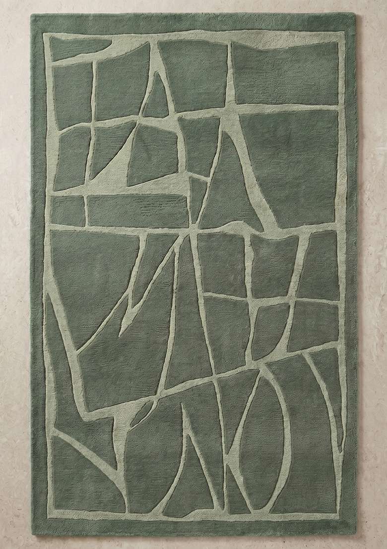Saffron Rugs Sage Green Contemporary Geometric Hand Tufted Wool Rectangular Rug - Indya