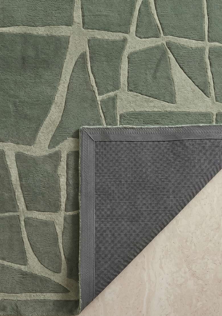 Saffron Rugs Sage Green Contemporary Geometric Hand Tufted Wool Rectangular Rug - Indya