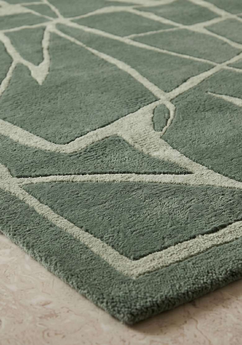 Saffron Rugs Sage Green Contemporary Geometric Hand Tufted Wool Rectangular Rug - Indya