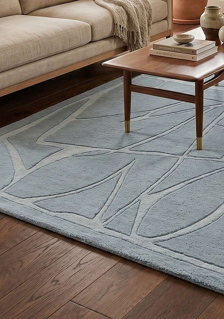 100% Wool Handmade Powder Blue Rug | Contemporary Geometric Carpet With Cotton Backing For Living Room - Indya