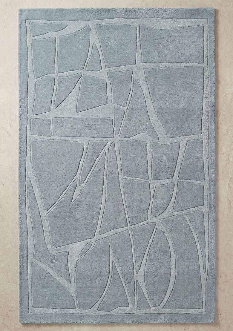 100% Wool Handmade Powder Blue Rug | Contemporary Geometric Carpet With Cotton Backing For Living Room - Indya