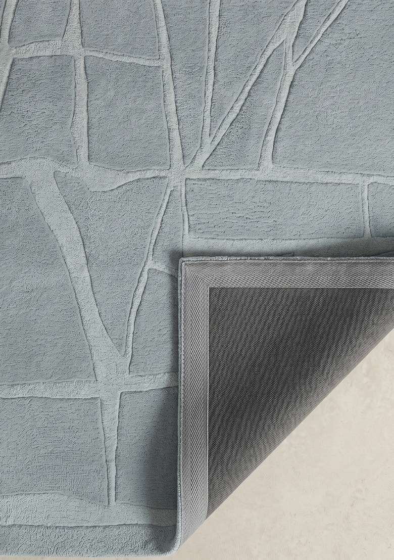 100% Wool Handmade Powder Blue Rug | Contemporary Geometric Carpet With Cotton Backing For Living Room - Indya
