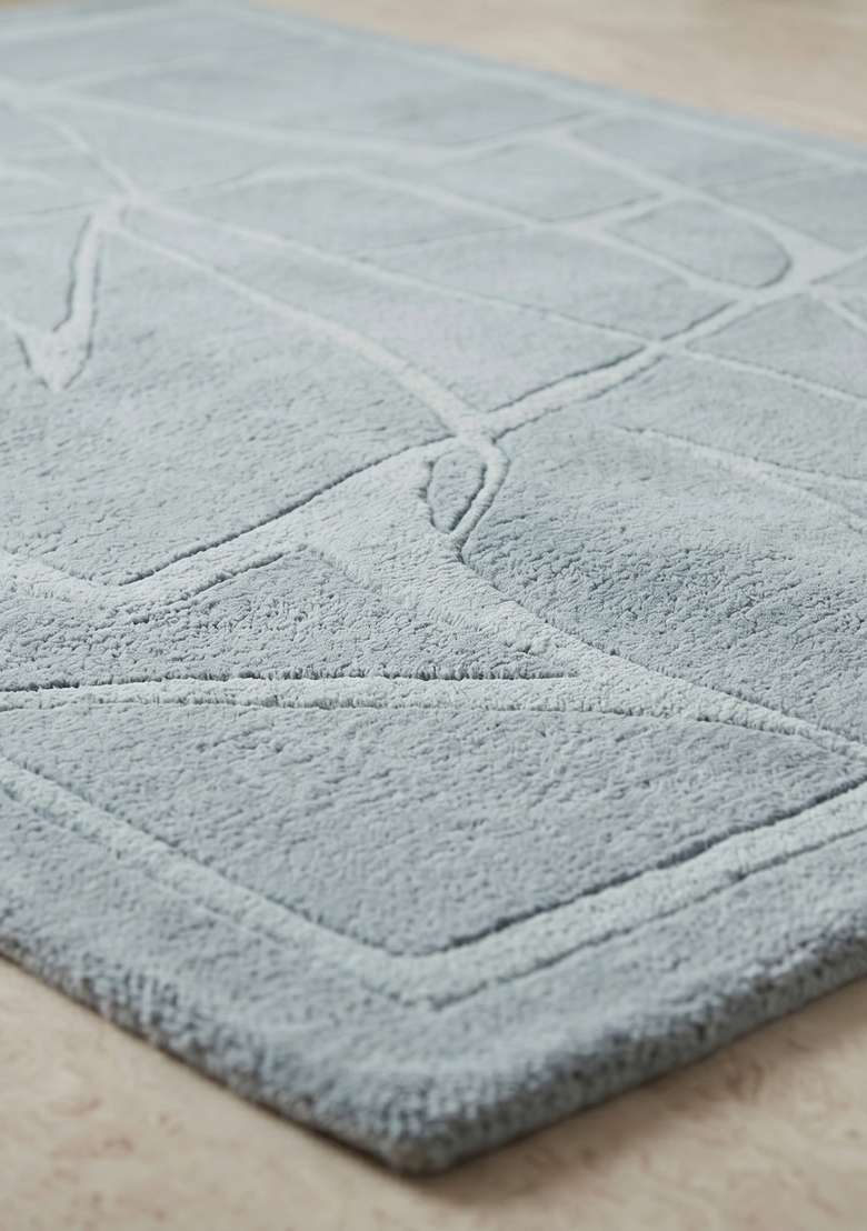 100% Wool Handmade Powder Blue Rug | Contemporary Geometric Carpet With Cotton Backing For Living Room - Indya