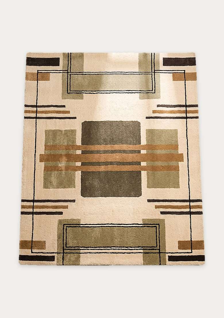 100% Wool Handmade Olive Green Rug | Art Deco Geometric Square Carpet With Cotton Backing For Living Room - Indya