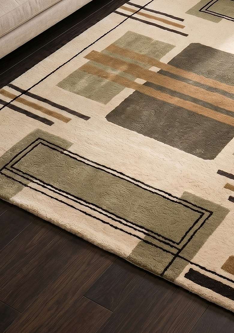 100% Wool Handmade Olive Green Rug | Art Deco Geometric Square Carpet With Cotton Backing For Living Room - Indya