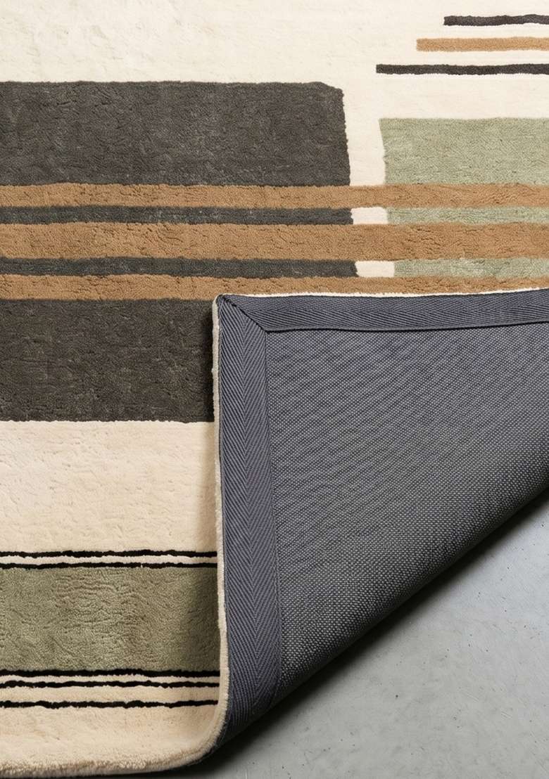 100% Wool Handmade Olive Green Rug | Art Deco Geometric Square Carpet With Cotton Backing For Living Room - Indya