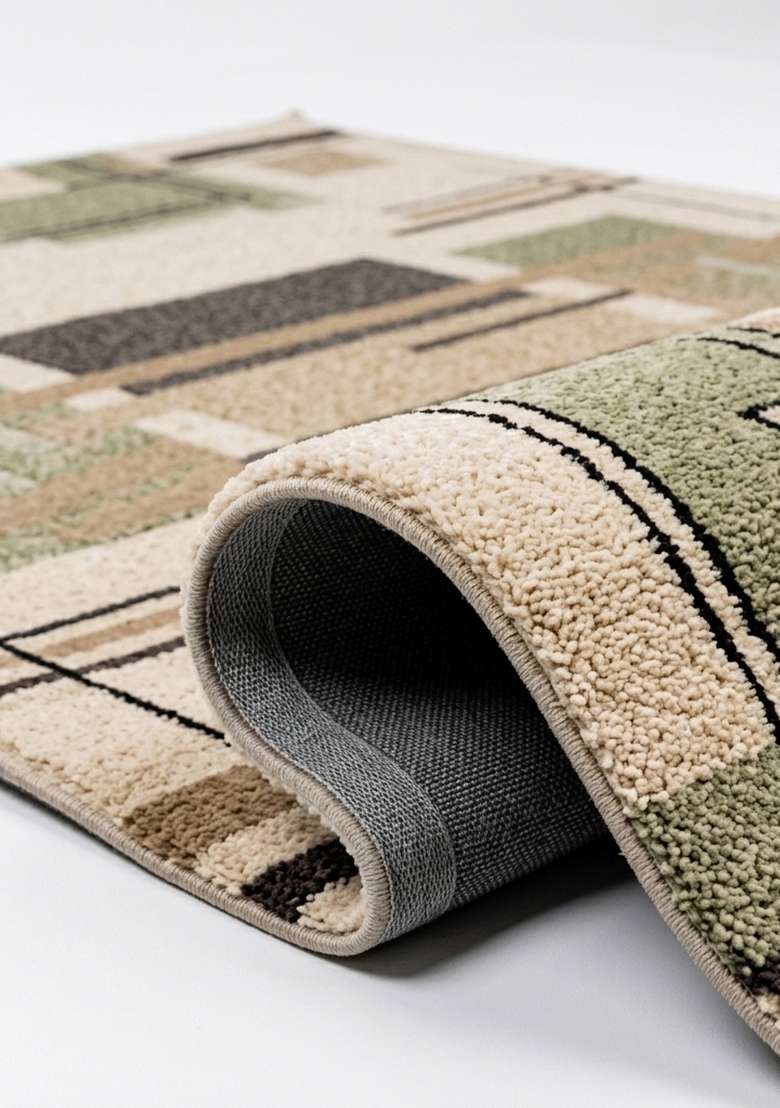 100% Wool Handmade Olive Green Rug | Art Deco Geometric Square Carpet With Cotton Backing For Living Room - Indya