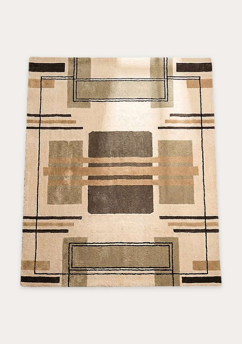 100% Wool Handmade Beige Rug | Art Deco Geometric Square Carpet With Cotton Backing For Living Room - Indya
