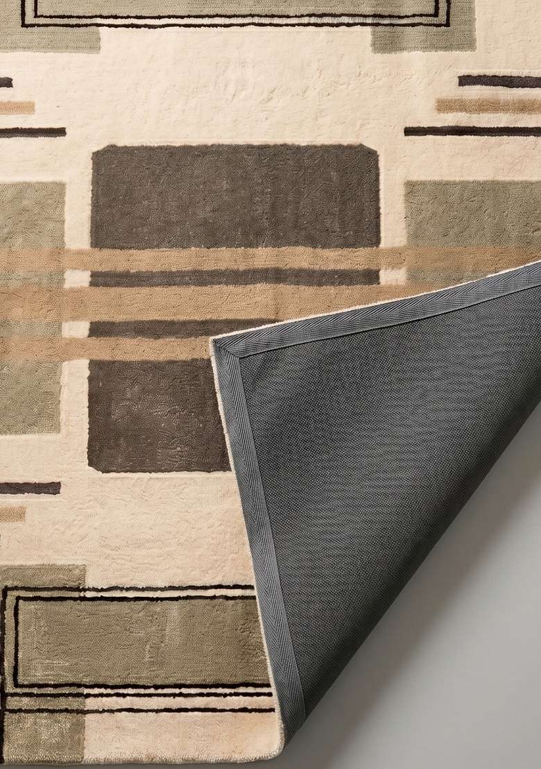 100% Wool Handmade Beige Rug | Art Deco Geometric Square Carpet With Cotton Backing For Living Room - Indya