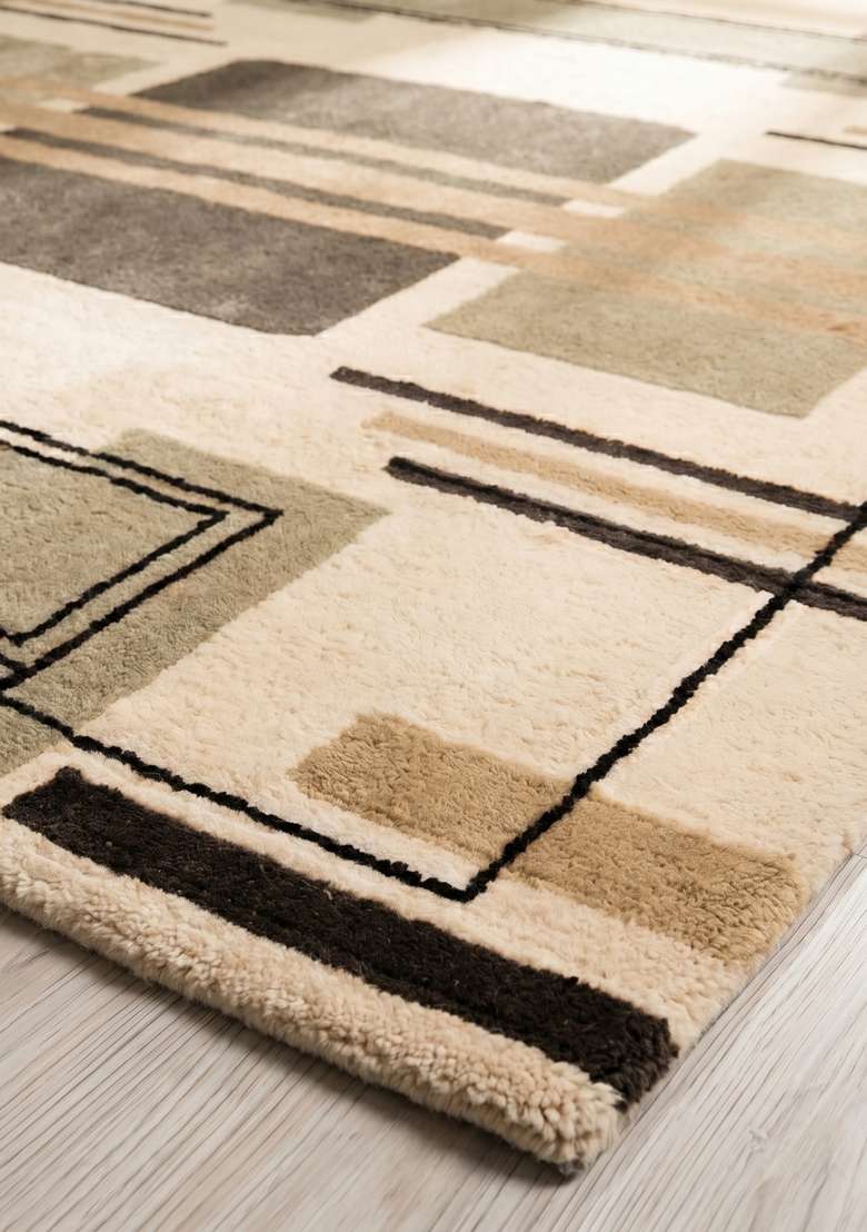 Saffron Rugs Hand-Tufted 100% Wool Area Rug | Beige Square Rug | Cotton Backing | Art Deco Geometric Home Decor Carpet for Living Room Bedroom - Indya