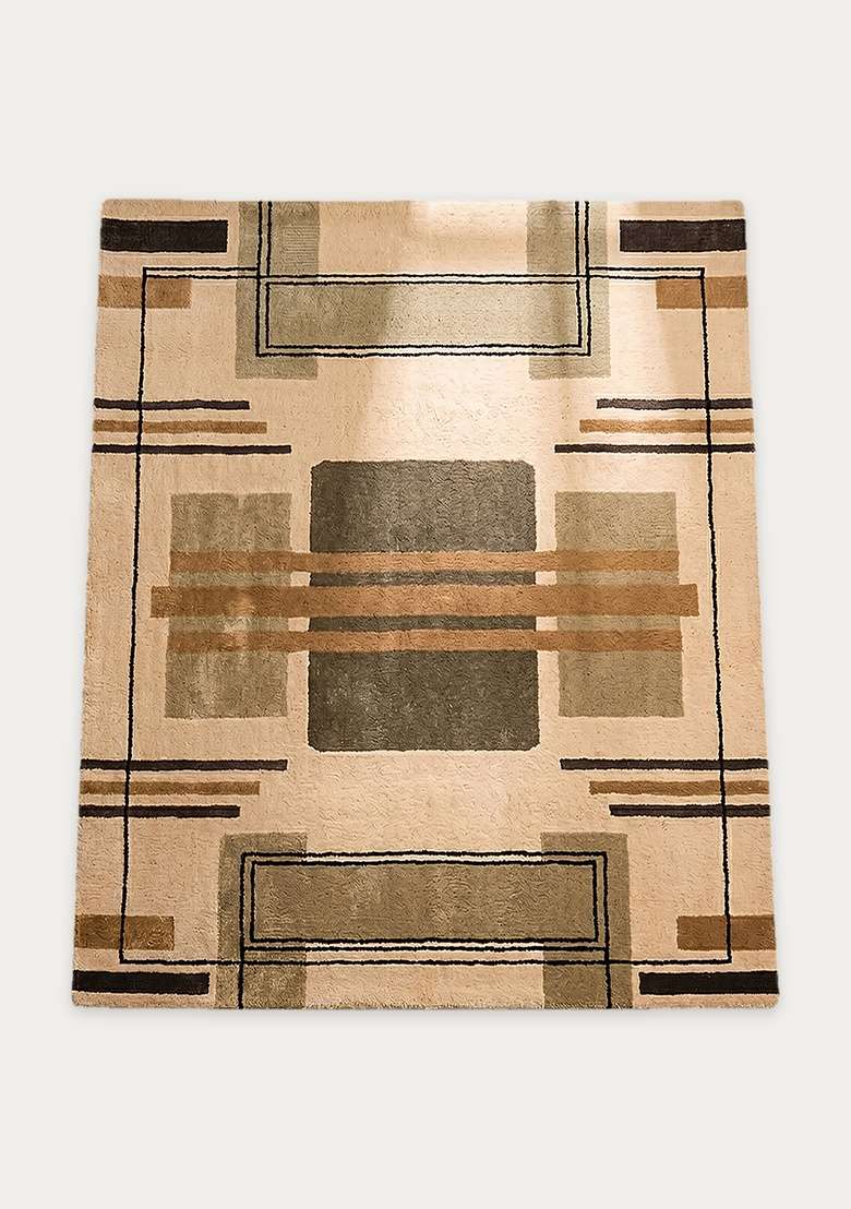 100% Wool Handmade Camel Rug | Art Deco Geometric Square Carpet With Cotton Backing For Living Room - Indya