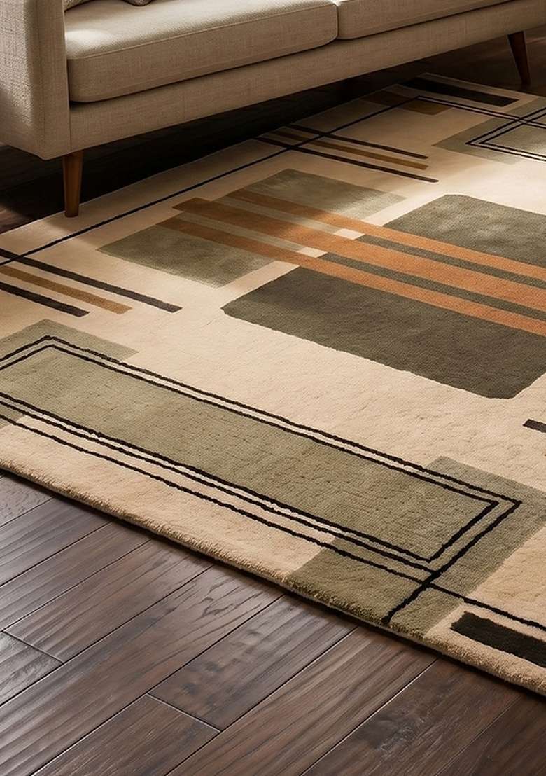 Saffron Rugs Hand-Tufted 100% Wool Area Rug | Camel Square Rug | Cotton Backing | Art Deco Geometric Home Decor Carpet for Living Room Bedroom - Indya