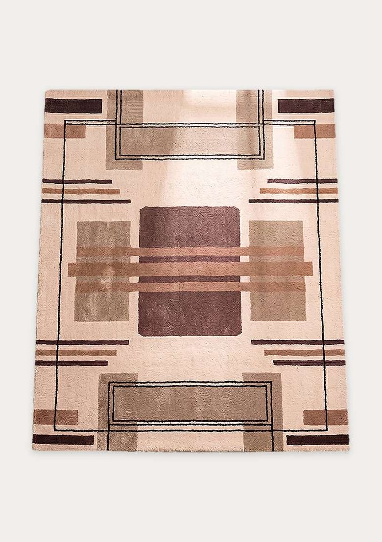 100% Wool Handmade Brown Rug | Art Deco Geometric Square Carpet With Cotton Backing For Living Room - Indya