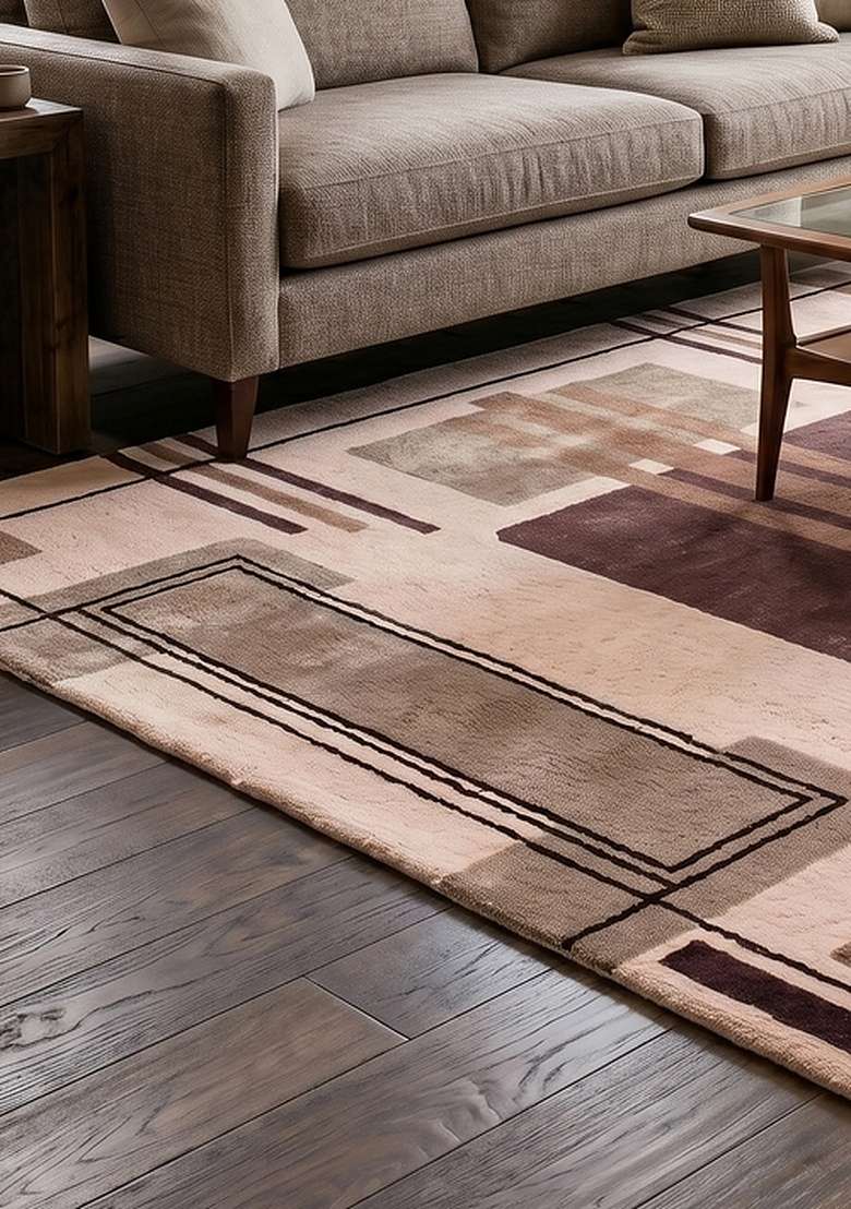 100% Wool Handmade Brown Rug | Art Deco Geometric Square Carpet With Cotton Backing For Living Room - Indya