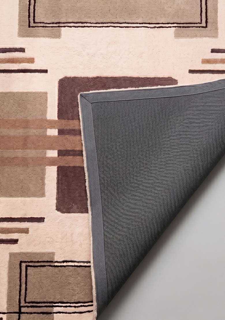 100% Wool Handmade Brown Rug | Art Deco Geometric Square Carpet With Cotton Backing For Living Room - Indya
