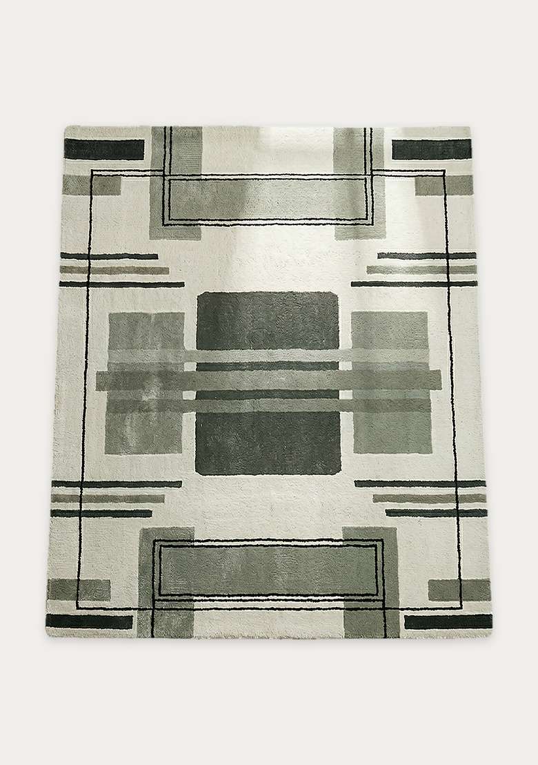 100% Wool Handmade Sage Green Rug | Art Deco Geometric Square Carpet With Cotton Backing For Living Room - Indya