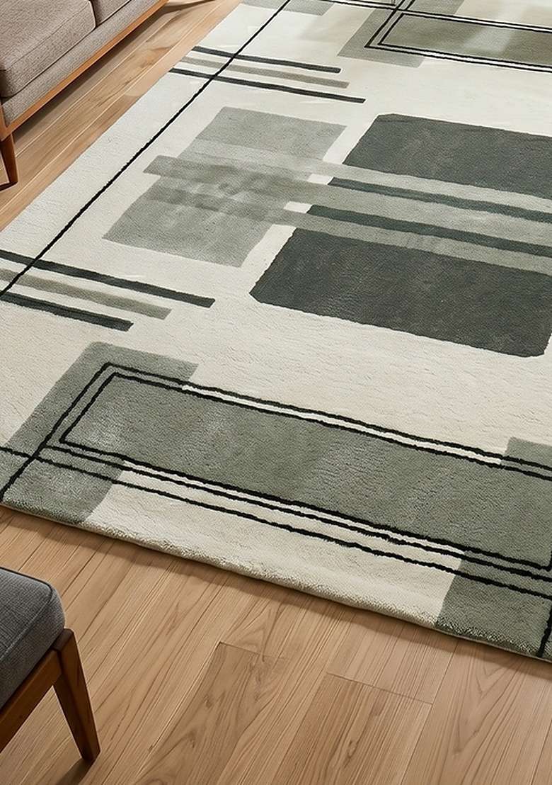 100% Wool Handmade Sage Green Rug | Art Deco Geometric Square Carpet With Cotton Backing For Living Room - Indya