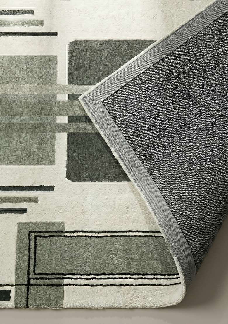 100% Wool Handmade Sage Green Rug | Art Deco Geometric Square Carpet With Cotton Backing For Living Room - Indya