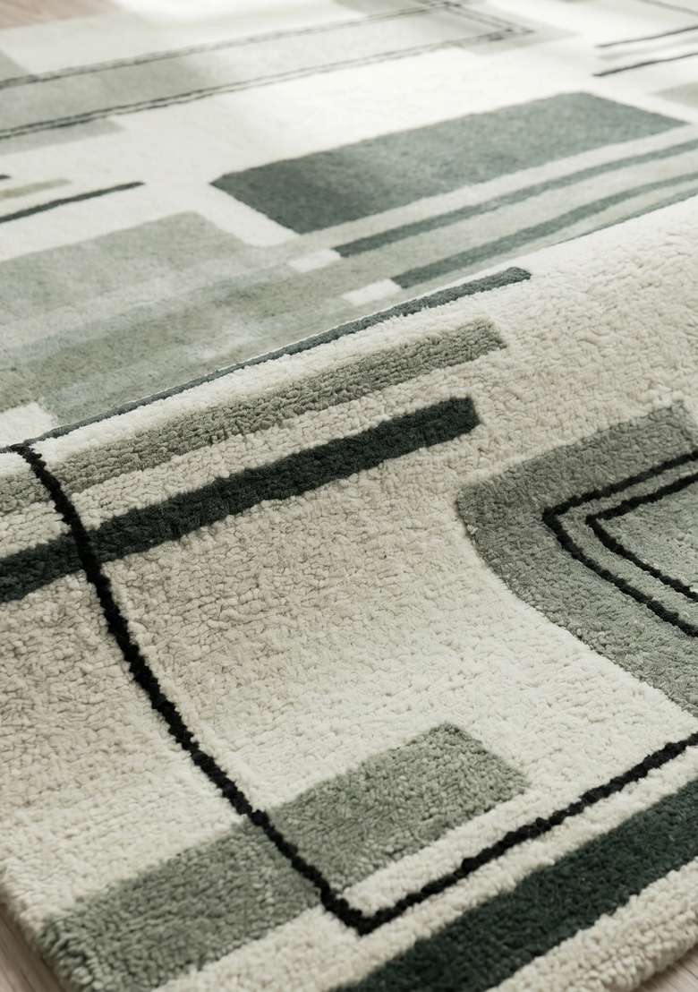 100% Wool Handmade Sage Green Rug | Art Deco Geometric Square Carpet With Cotton Backing For Living Room - Indya
