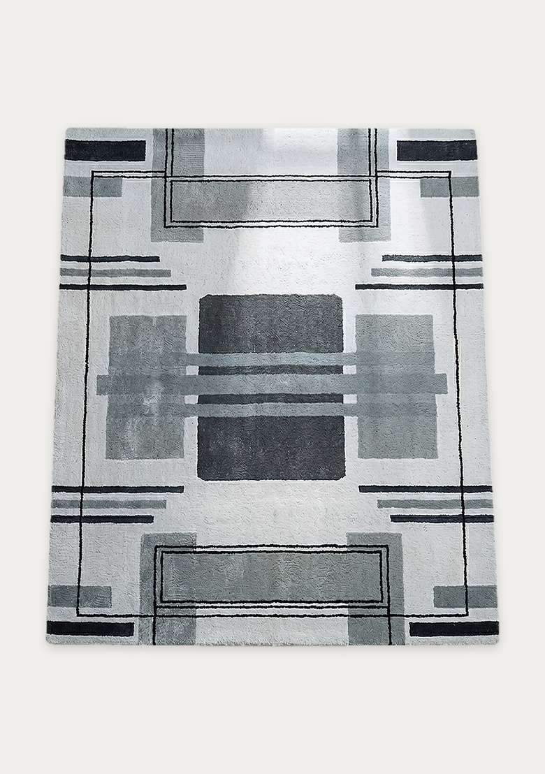 100% Wool Handmade Mist Grey Rug | Art Deco Geometric Square Carpet With Cotton Backing For Living Room - Indya