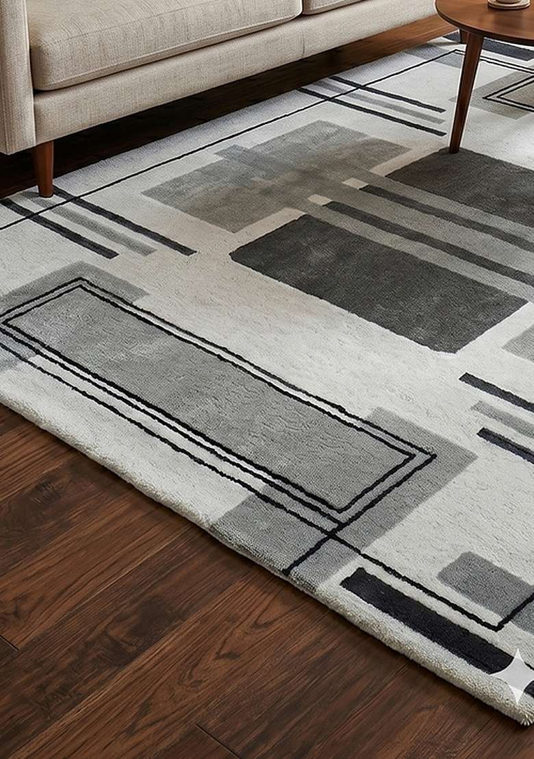 100% Wool Handmade Mist Grey Rug | Art Deco Geometric Square Carpet With Cotton Backing For Living Room - Indya