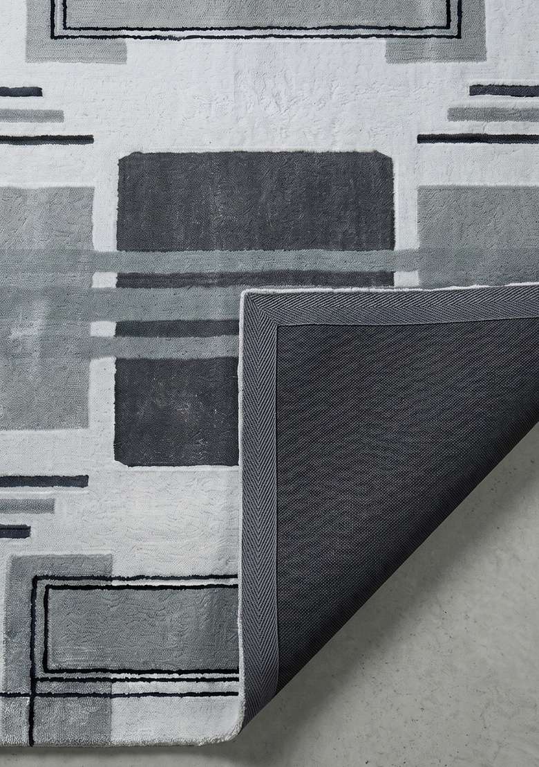 100% Wool Handmade Mist Grey Rug | Art Deco Geometric Square Carpet With Cotton Backing For Living Room - Indya
