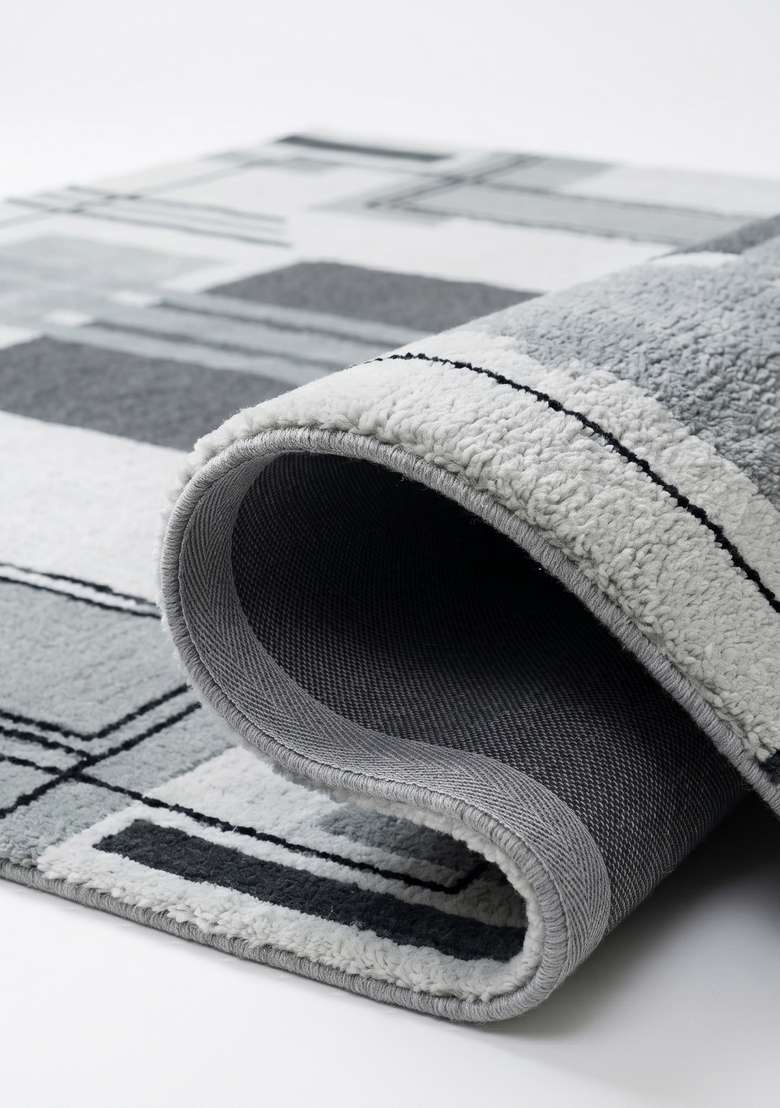 100% Wool Handmade Mist Grey Rug | Art Deco Geometric Square Carpet With Cotton Backing For Living Room - Indya