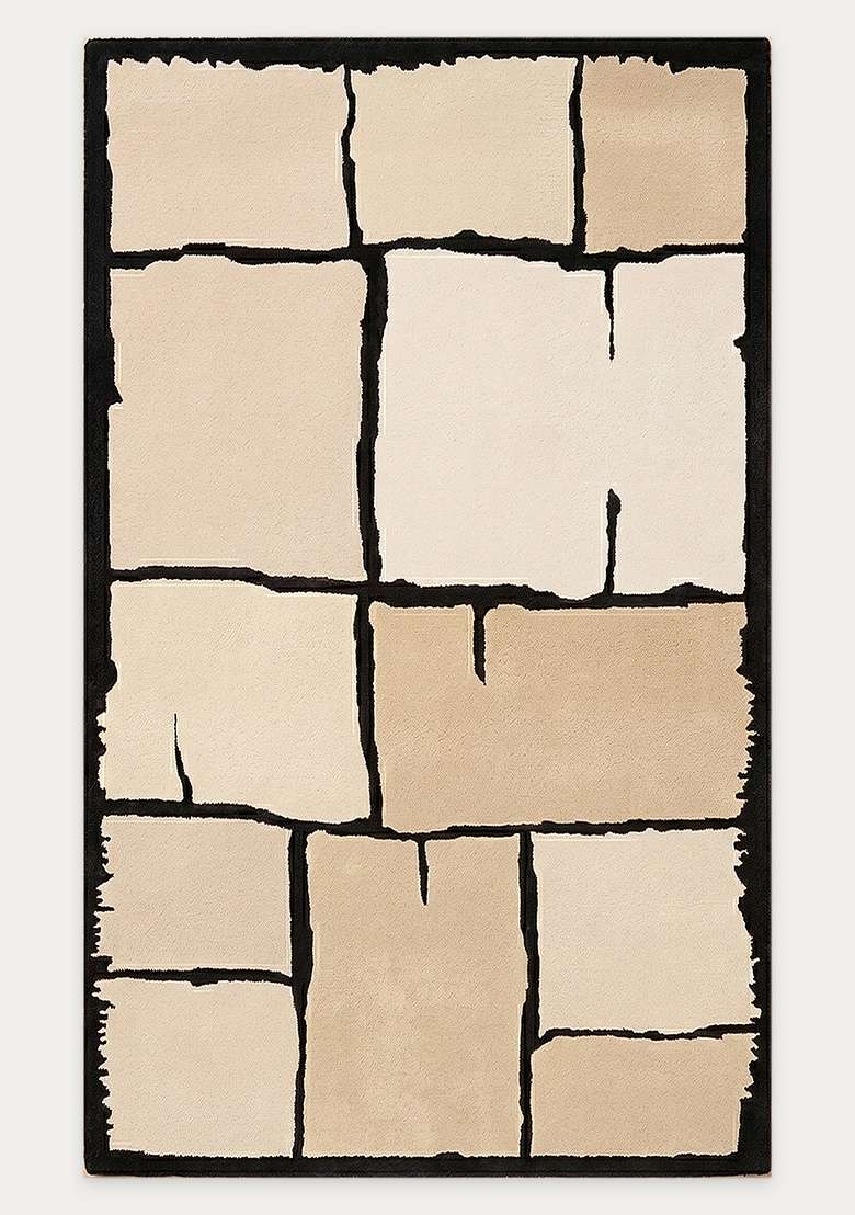 100% Wool Handmade Ivory Cream Rug | Contemporary Geometric Carpet With Cotton Backing For Living Room - Indya