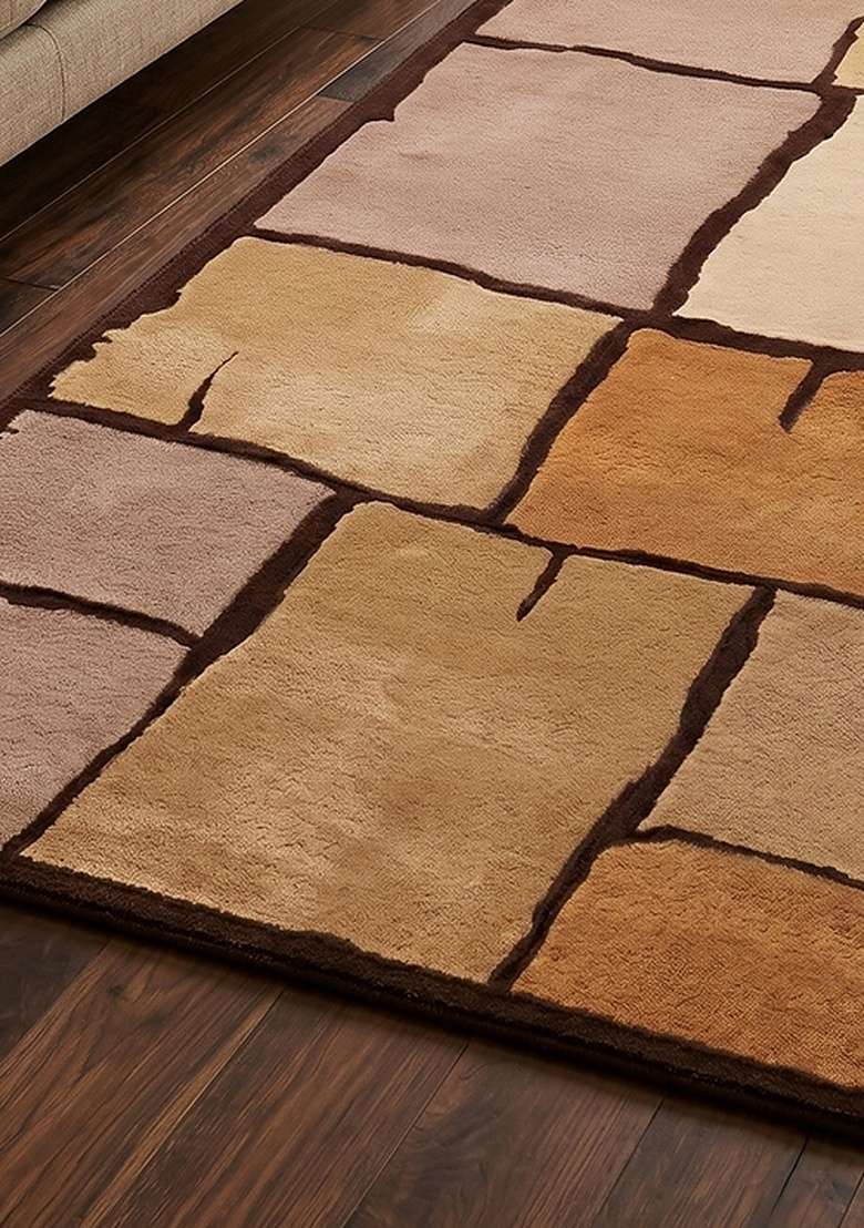 100% Wool Handmade Mocha Brown Rug | Contemporary Geometric Carpet With Cotton Backing For Living Room - Indya