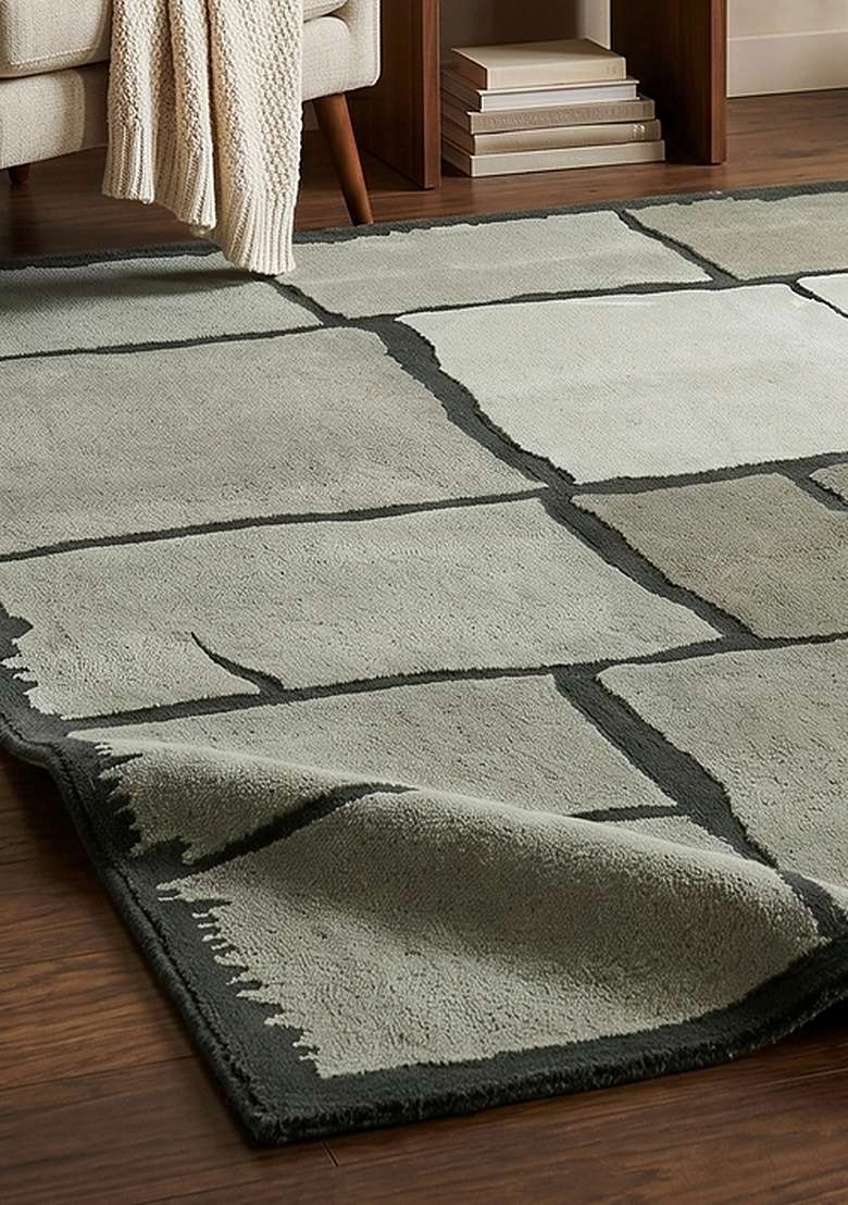 100% Wool Handmade Moss Green Rug | Contemporary Geometric Carpet With Cotton Backing For Living Room - Indya