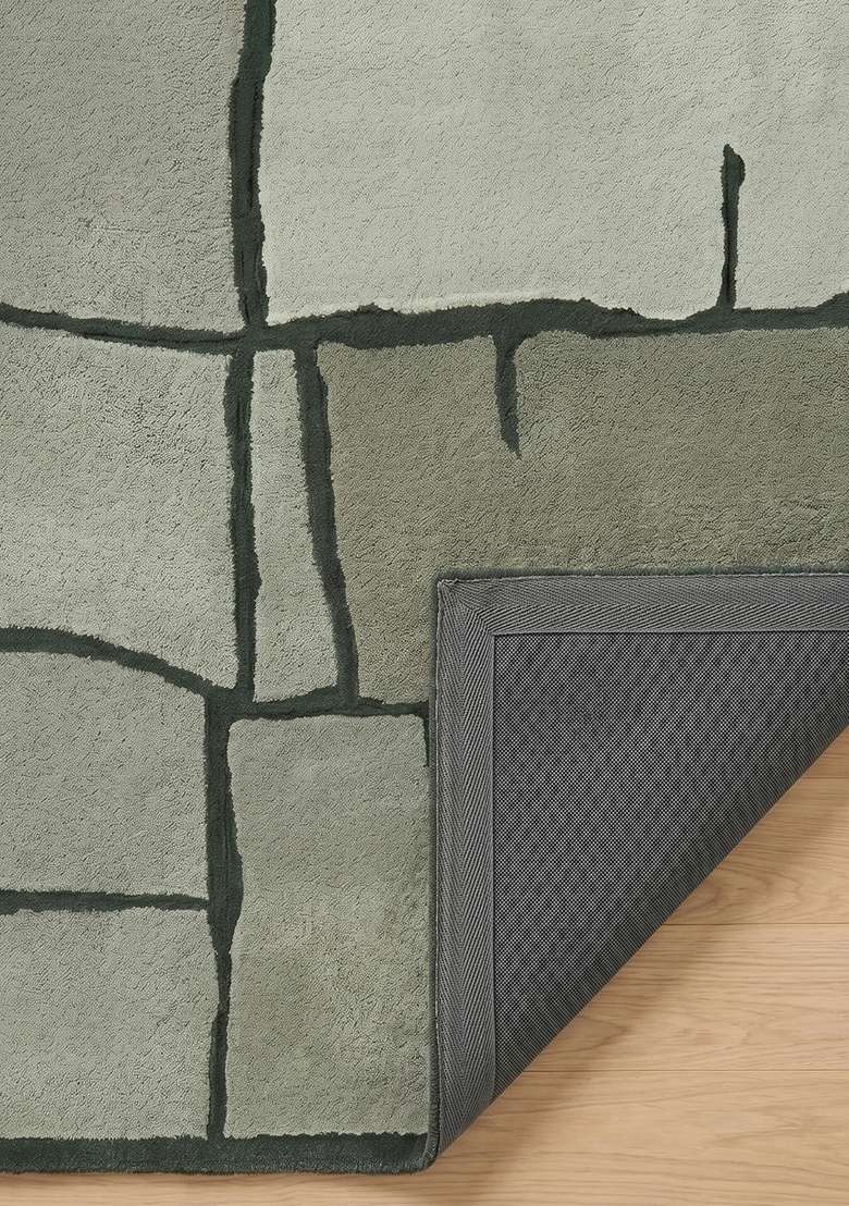 100% Wool Handmade Moss Green Rug | Contemporary Geometric Carpet With Cotton Backing For Living Room - Indya