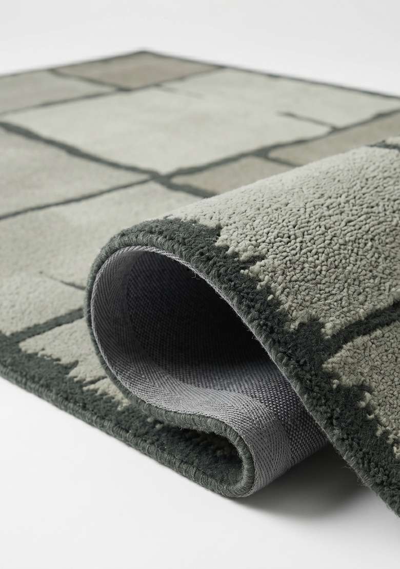 100% Wool Handmade Moss Green Rug | Contemporary Geometric Carpet With Cotton Backing For Living Room - Indya