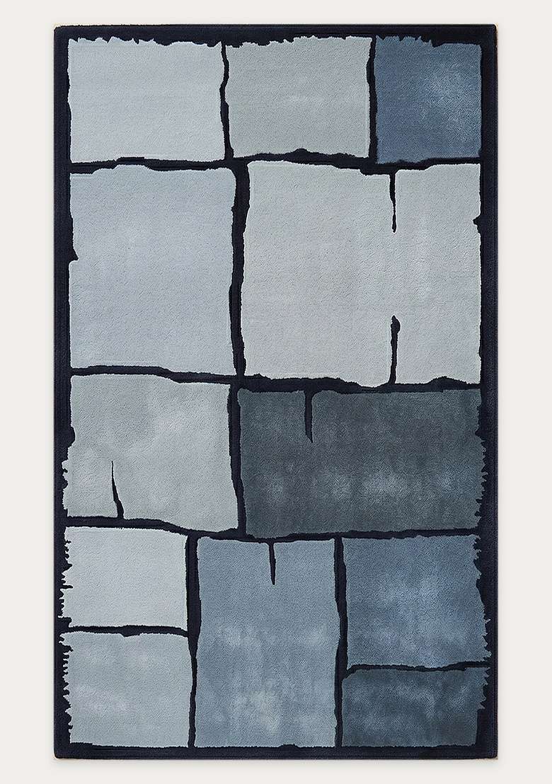 100% Wool Handmade Steel Blue Rug | Contemporary Geometric Carpet With Cotton Backing For Living Room - Indya