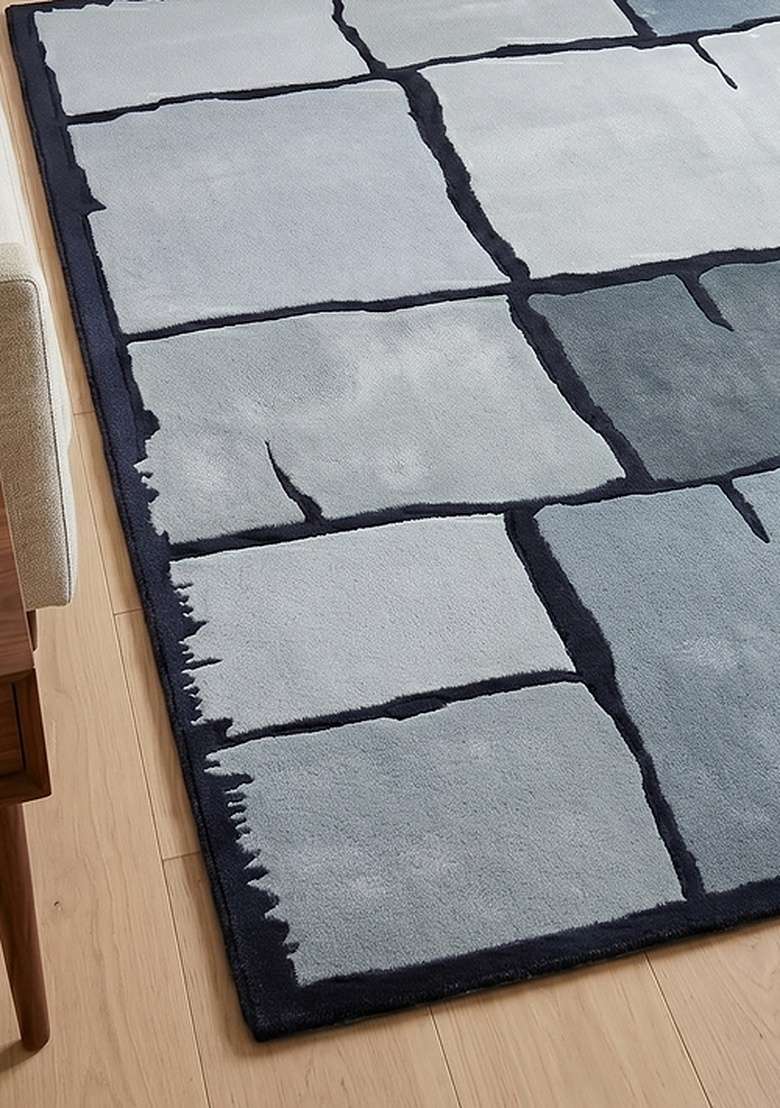 Saffron Rugs Hand-Tufted 100% Wool Area Rug | Steel Blue Rectangular Rug | Cotton Backing | Contemporary Geometric Home Decor Carpet for Living Room Bedroom - Indya