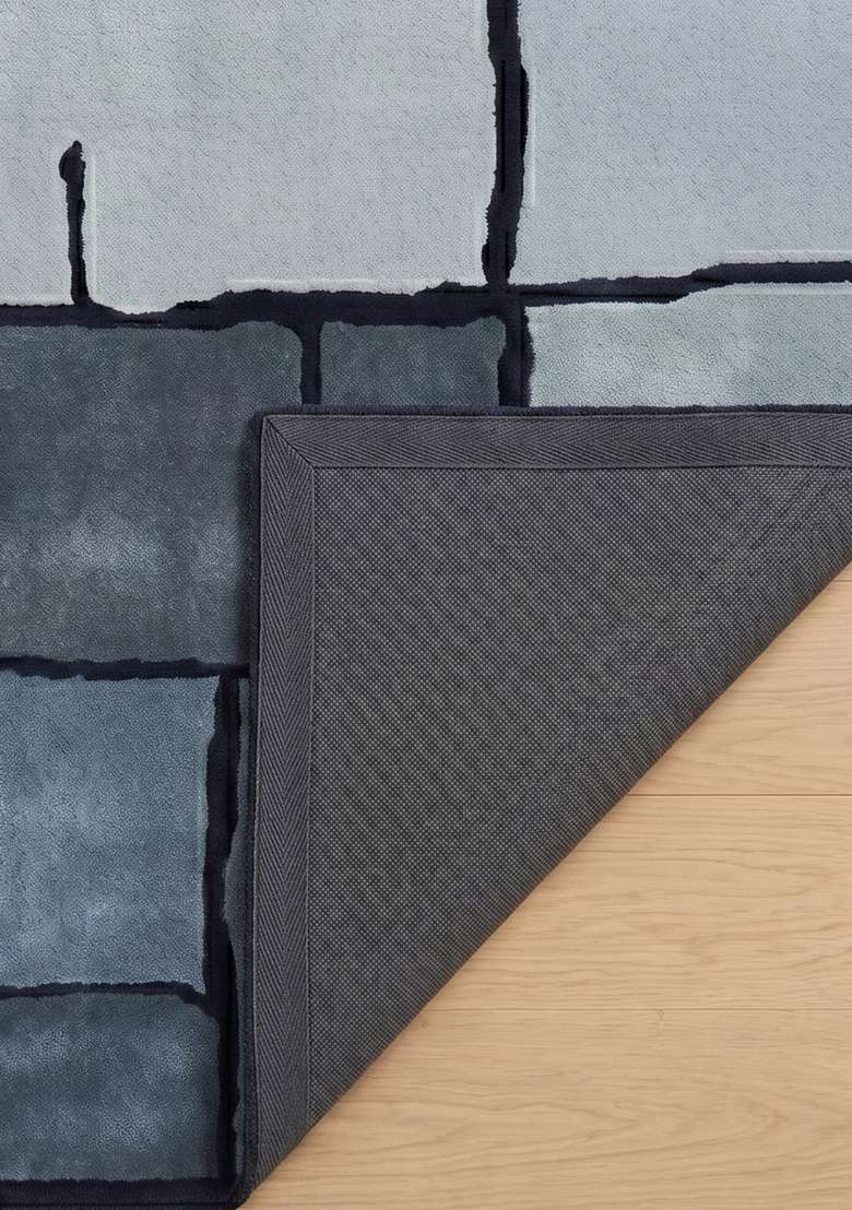 100% Wool Handmade Steel Blue Rug | Contemporary Geometric Carpet With Cotton Backing For Living Room - Indya