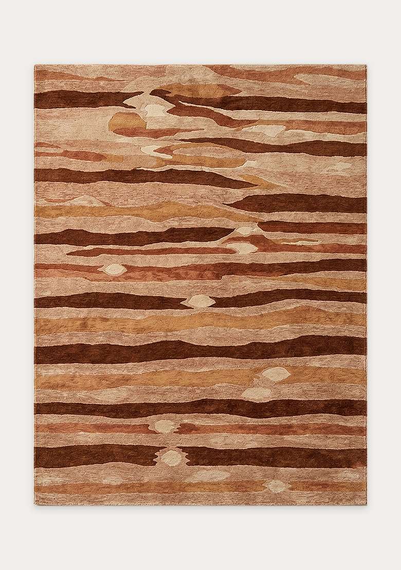100% Wool Handmade Rust Brown Rug | Eclectic Striped Carpet With Cotton Backing For Living Room - Indya
