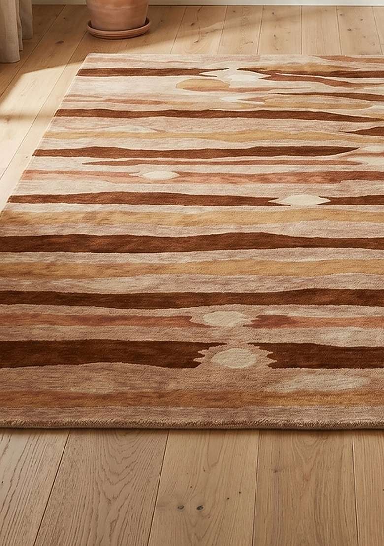 100% Wool Handmade Rust Brown Rug | Eclectic Striped Carpet With Cotton Backing For Living Room - Indya