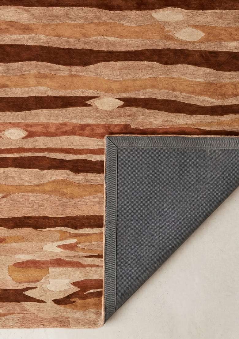 100% Wool Handmade Rust Brown Rug | Eclectic Striped Carpet With Cotton Backing For Living Room - Indya