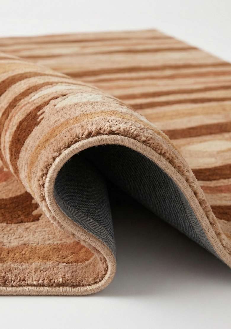 100% Wool Handmade Rust Brown Rug | Eclectic Striped Carpet With Cotton Backing For Living Room - Indya