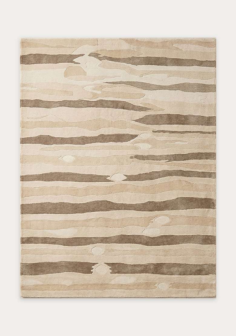 100% Wool Handmade Beige Rug | Eclectic Striped Carpet With Cotton Backing For Living Room - Indya
