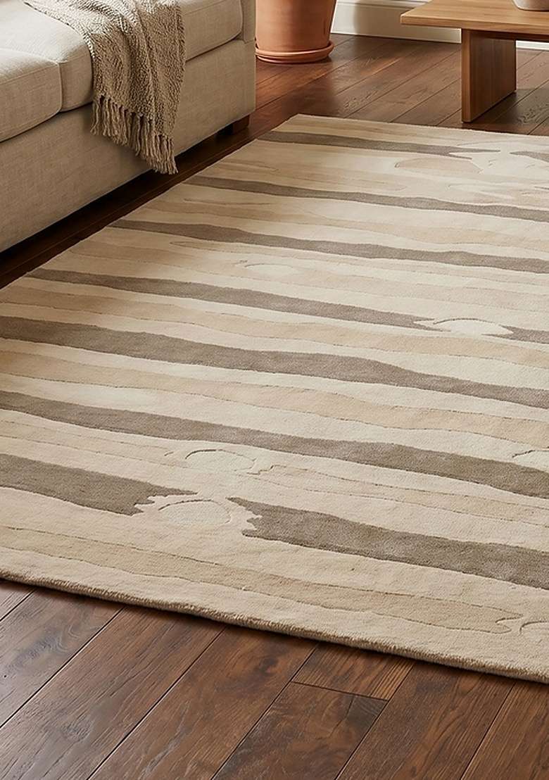 100% Wool Handmade Beige Rug | Eclectic Striped Carpet With Cotton Backing For Living Room - Indya