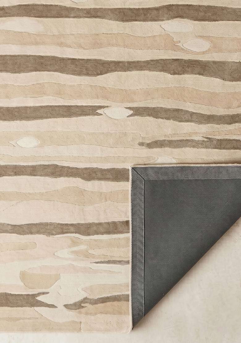 100% Wool Handmade Beige Rug | Eclectic Striped Carpet With Cotton Backing For Living Room - Indya