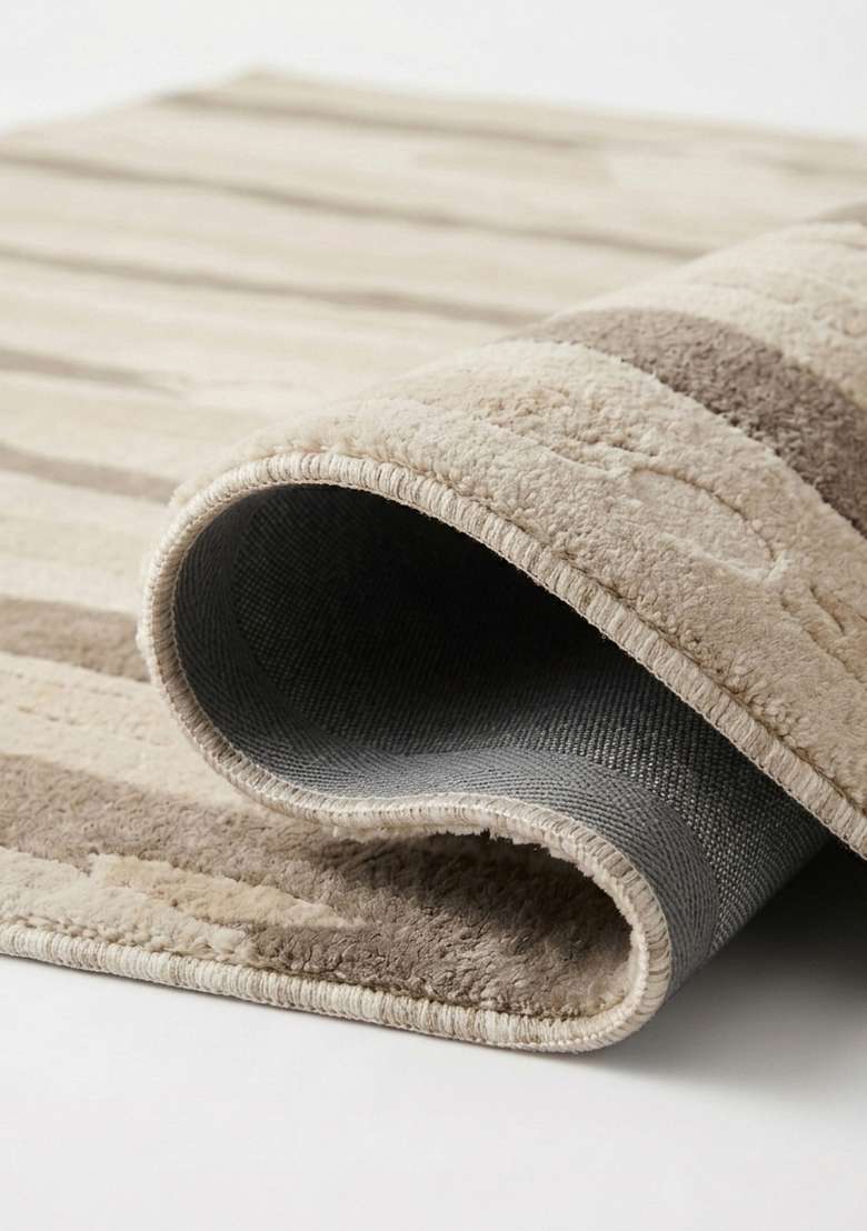 100% Wool Handmade Beige Rug | Eclectic Striped Carpet With Cotton Backing For Living Room - Indya