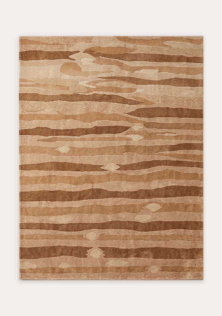 100% Wool Handmade Camel Tan Rug | Eclectic Striped Carpet With Cotton Backing For Living Room - Indya