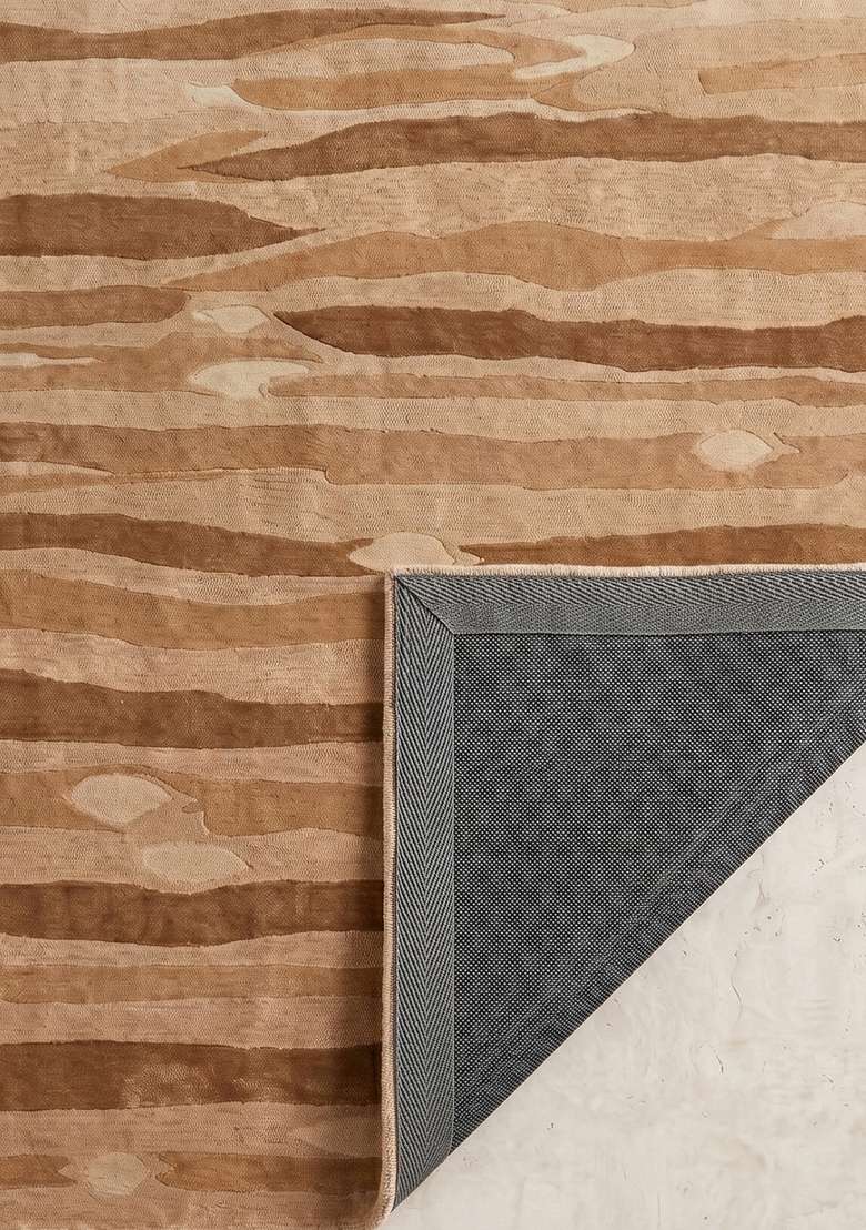 100% Wool Handmade Camel Tan Rug | Eclectic Striped Carpet With Cotton Backing For Living Room - Indya